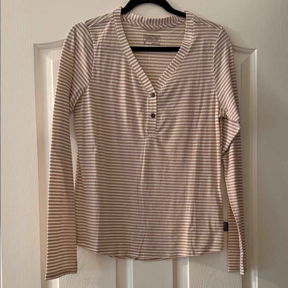 Patagonia Cream and Brown Striped Long Sleeve Tee